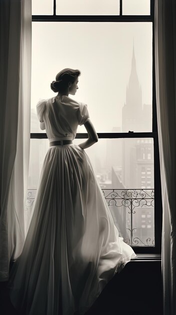 Photo a woman stands in front of a window with the sun shining on her dress