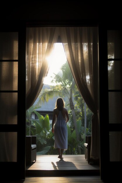 a woman stands in front of a window with the sun shining through her window