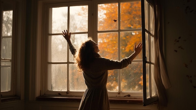 A woman stands in front of a window with the sun shining on the window.