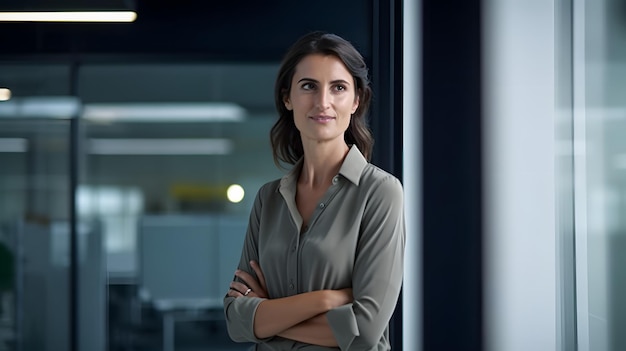 A woman stands in front of a window with the word'smart'on it