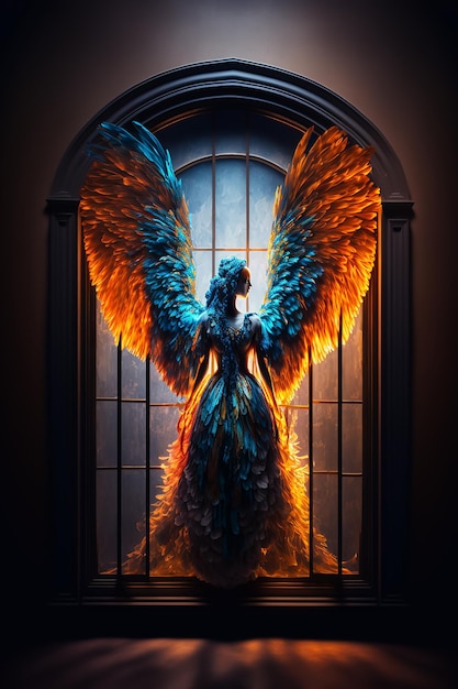 A woman stands in front of a window with the words angel on it