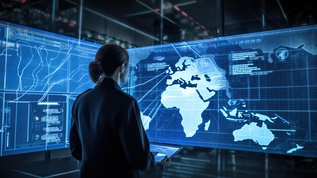 A woman stands in front of a world map