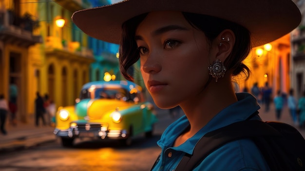 A woman stands in front of a yellow car in havana