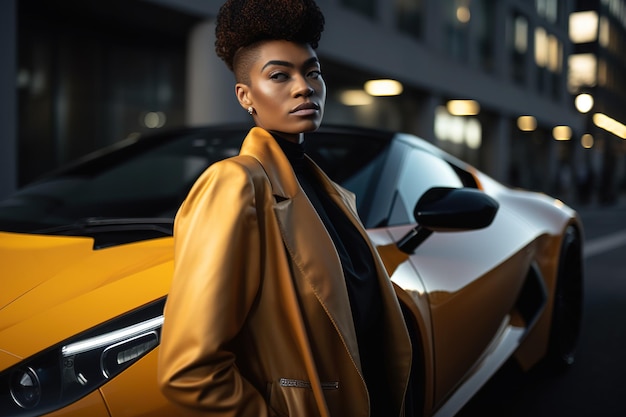A woman stands in front of a yellow car