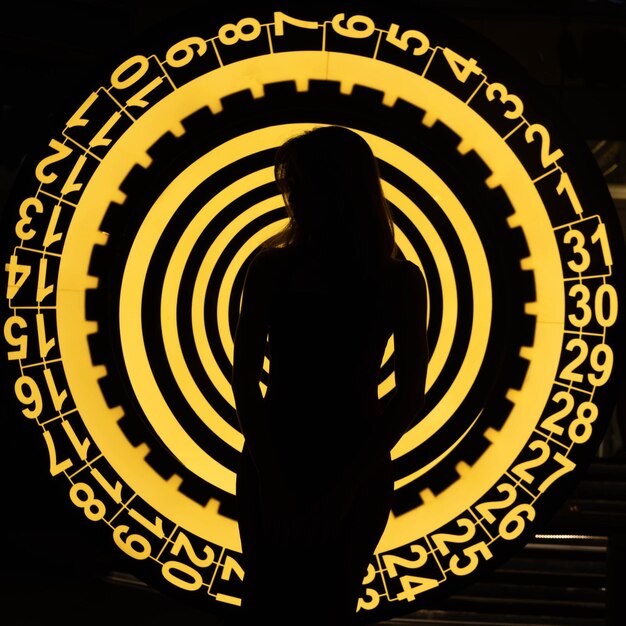 Photo a woman stands in front of a yellow circle that says 12 : 28.