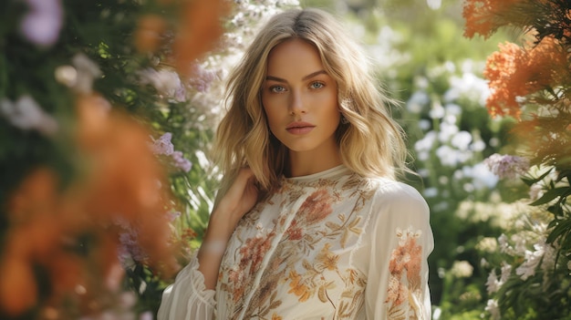 A woman stands in a garden wearing a floral dress