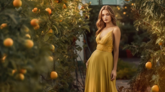 A woman stands in a garden with oranges on the right side.