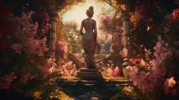 한 여성이 조각상을 배경으로 정원에 서 있습니다.