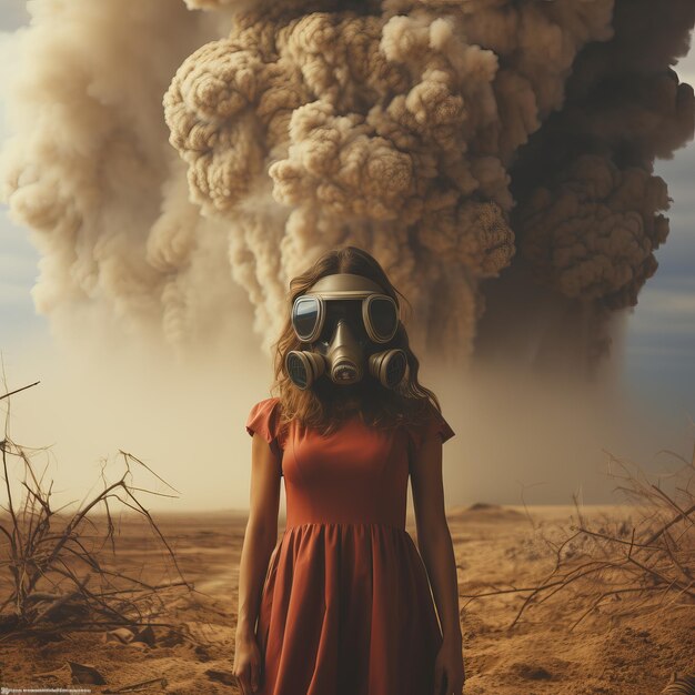 A woman stands in a gas mask against the backdrop of a nuclear explosion during the day Stormy sky