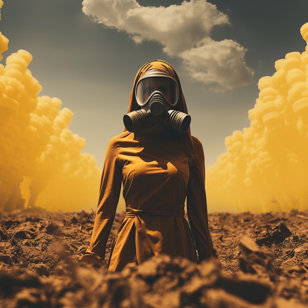 A woman stands in a gas mask against the backdrop of a nuclear explosion during the day Stormy sky