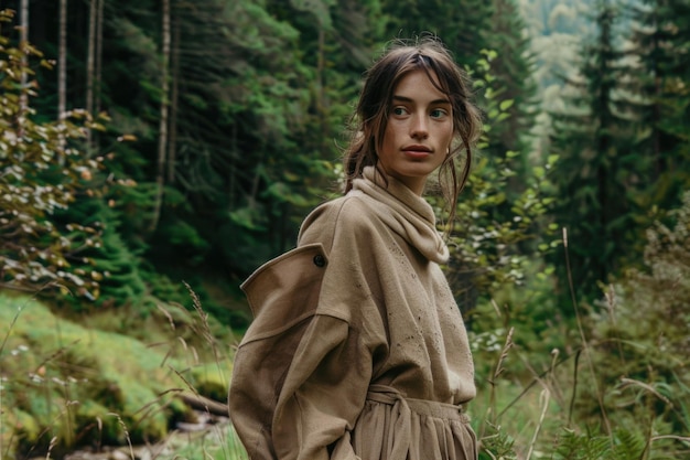 A woman stands gracefully amidst tall trees in a lush forest connecting with nature and enjoying the peaceful surroundings