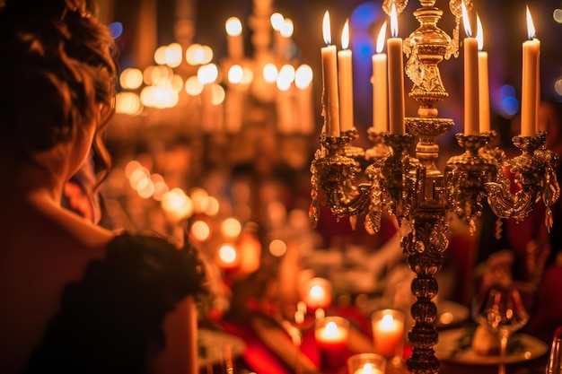 A woman stands gracefully in front of a chandelier adorned with flickering candles Grand medieval ball on Valentines Day AI Generated