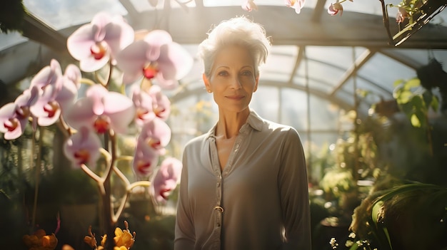 a woman stands in a greenhouse with flowers in the background