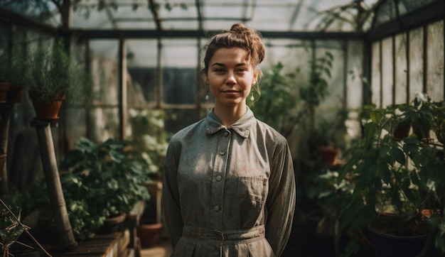 A woman stands in a greenhouse with plants in the background
