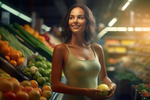 A woman stands in a grocery store holding a fruit