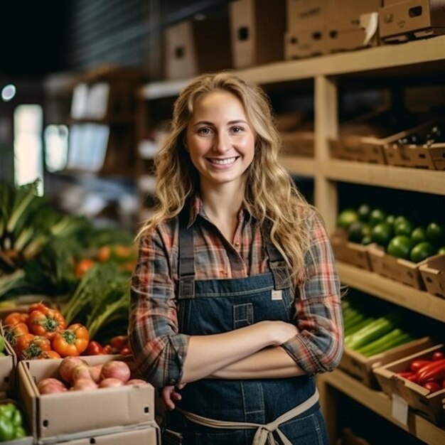 a woman stands in a grocery store with a box of vegetables