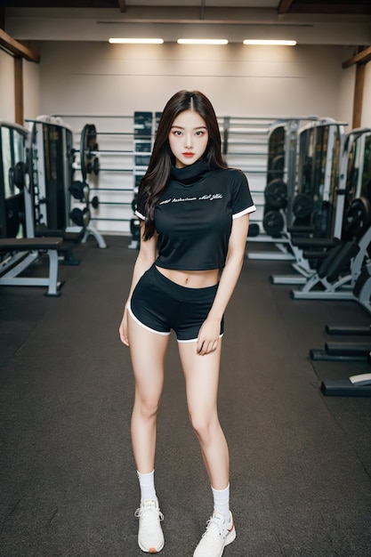 a woman stands in a gym wearing a shirt