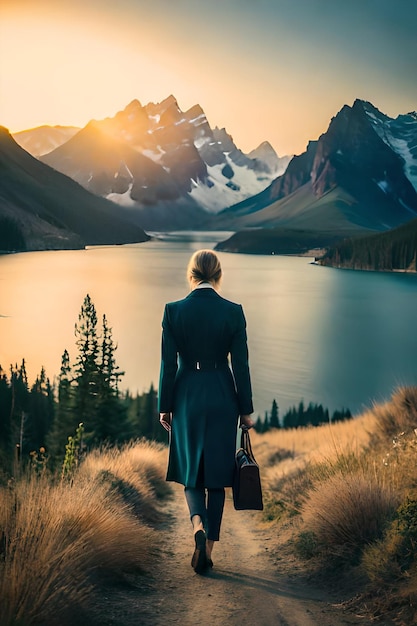 Женщина стоит на холме, глядя на горный хребет, за которым садится солнце.