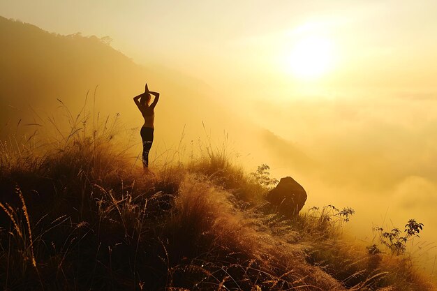 Photo a woman stands on a hill and meditates in silence at sunset