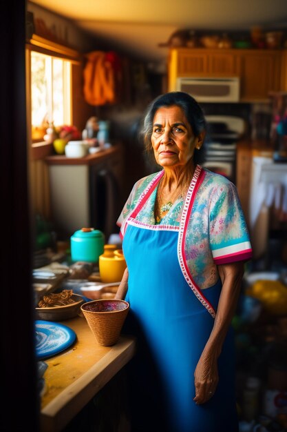 A woman stands in a kitchen with dishes and bowls