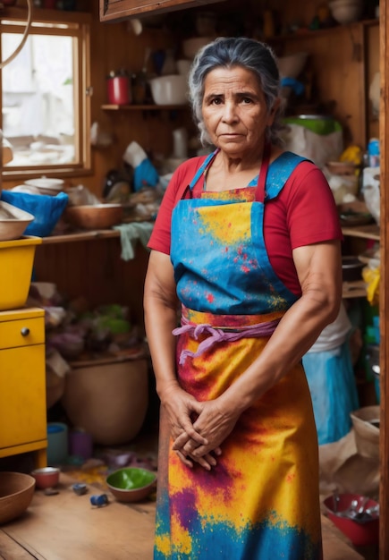 A woman stands in a kitchen with a pink apron on