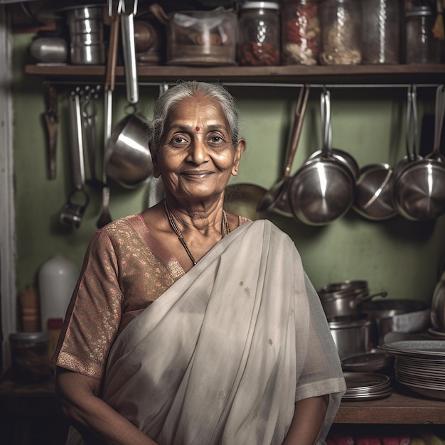 A woman stands in a kitchen with pots and pans on the shelf.