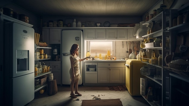 A woman stands in a kitchen with a yellow fridge and a yellow container that says'no food'on it