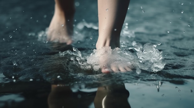 A woman stands in a lake with ice on her feetgenerative ai