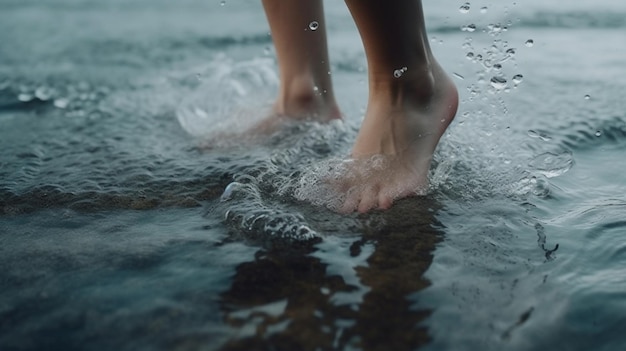 足に氷がついた湖の中に立つ女性生成ai