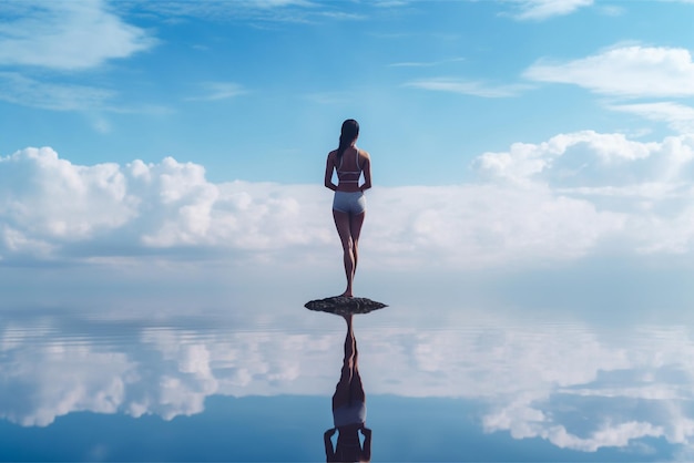 Photo a woman stands on a lake with the sky in the background.