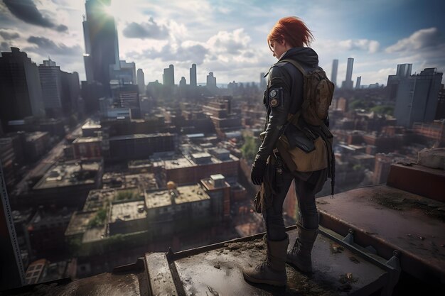 A woman stands on a ledge looking out over a city.