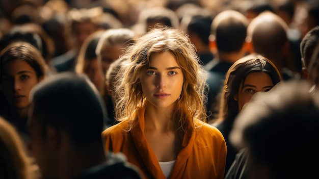 Woman stands in the middle of a crowd of people passing by looking at camera