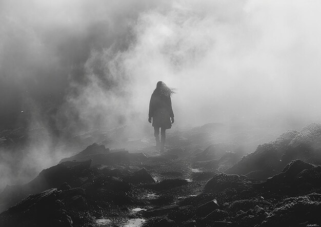 a woman stands in the mist of a volcano