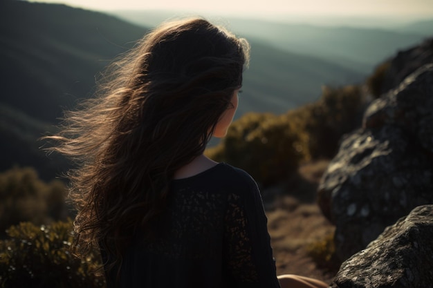 A woman stands on a mountain, looking at the sun and the sky is a dark color.