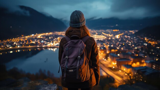 a woman stands on a mountain overlooking a town at night