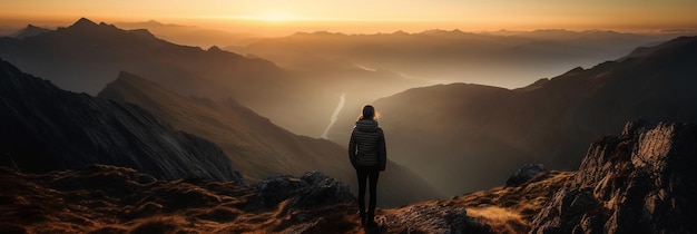 A woman stands on a mountain top looking at the sun setting