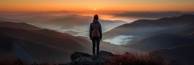 A woman stands on a mountain top looking at the sun