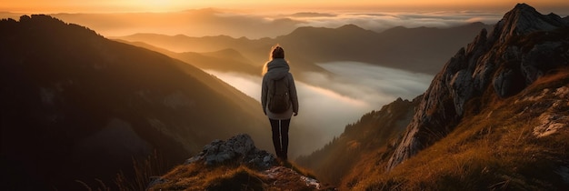 A woman stands on a mountain top looking at the sunrise