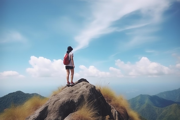 A woman stands on a mountain top and looks at the sky