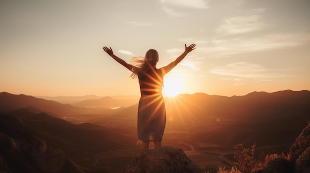A woman stands on a mountain with her arms raised in the air, with the sun shining behind her.