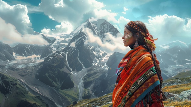 Photo a woman stands on a mountain with mountains in the background