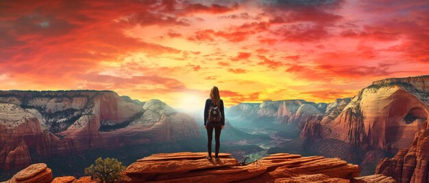 Foto una donna in piedi su una montagna con un tramonto sullo sfondo
