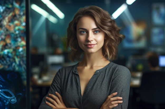 Photo a woman stands in an office with her arms crossed.