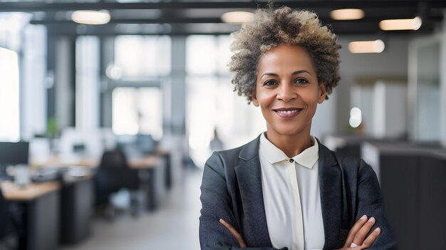 A woman stands in an office with her arms crossed.