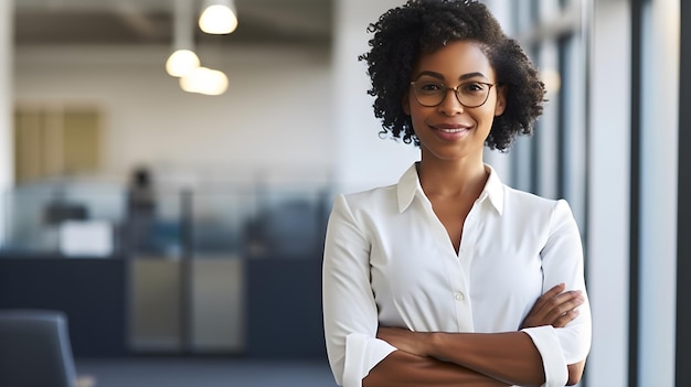 A woman stands in an office with her arms crossed.