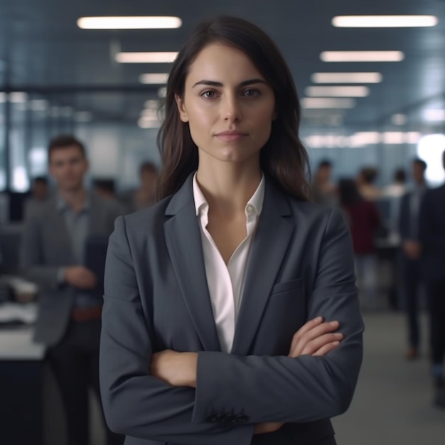 a woman stands in an office with her arms crossed.