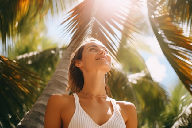 A woman stands under a palm tree in the sun