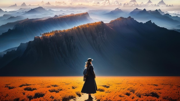 A woman stands on a path in a field with mountains in the background.