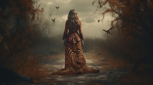 A woman stands on a path with a tiger on the cover