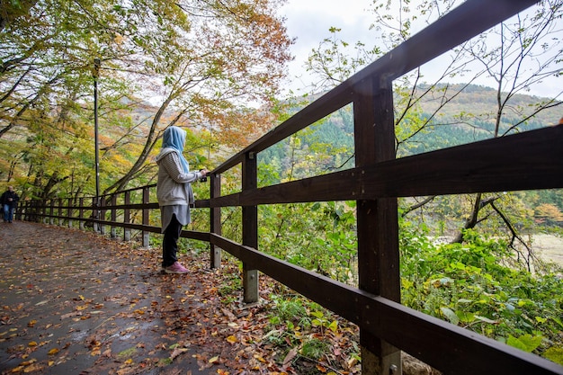 A woman stands on a path in the woods looking at a river.